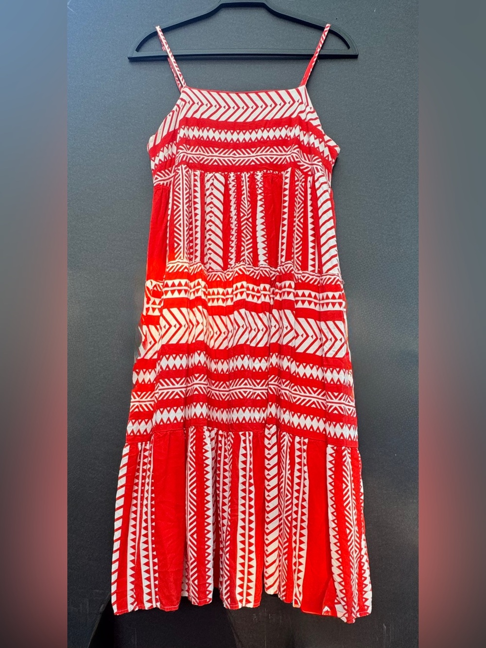 Jodifl Red & White Aztec Geometric Tiered Spaghetti Strap Maxi Dress - Sz Large
